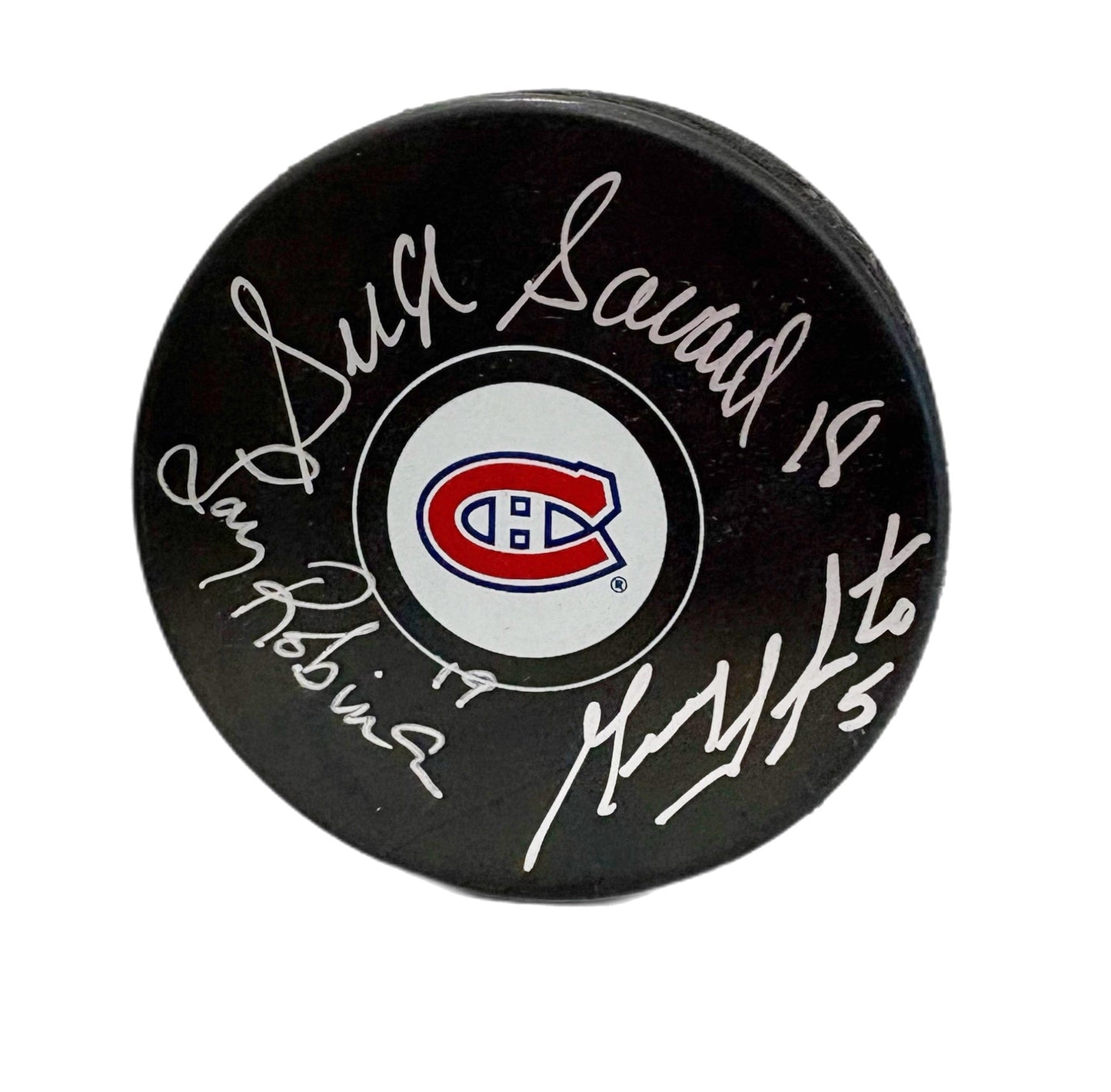 Guy Lapointe / Serge Savard / Larry Robinson Autographed Puck - Logo