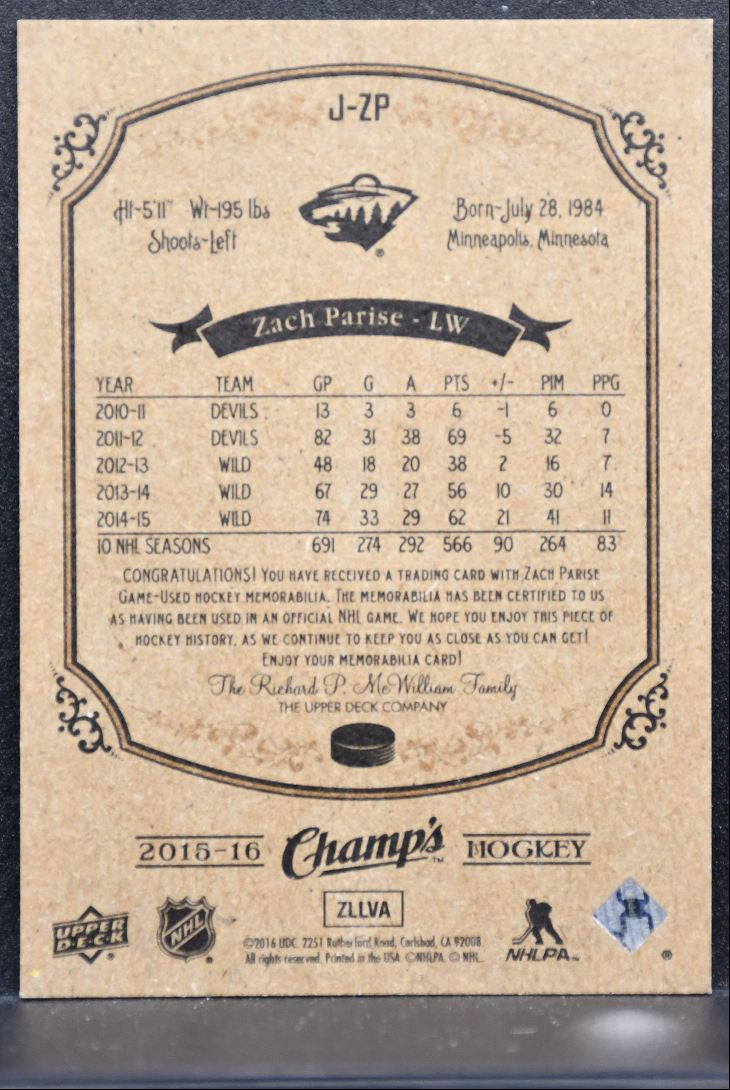 2015-16 Upper Deck Champ's Relics Zach Parise J-ZP Minnesota Wild Jersey 1076