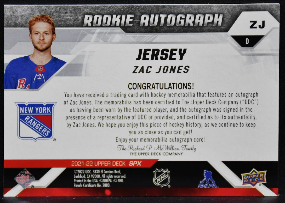 2021-22 SPx RC Auto Jersey Zac Jones ZJ New York Rangers RC Auto 166/375 Jersey 5198