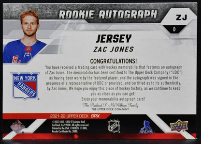 2021-22 SPx RC Auto Jersey Zac Jones ZJ New York Rangers RC Auto 166/375 Jersey 5198