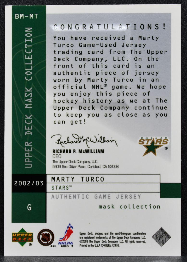 2002-03 Upper Deck Mask Collection Behind the Mask Marty Turco Stars Jersey 2662