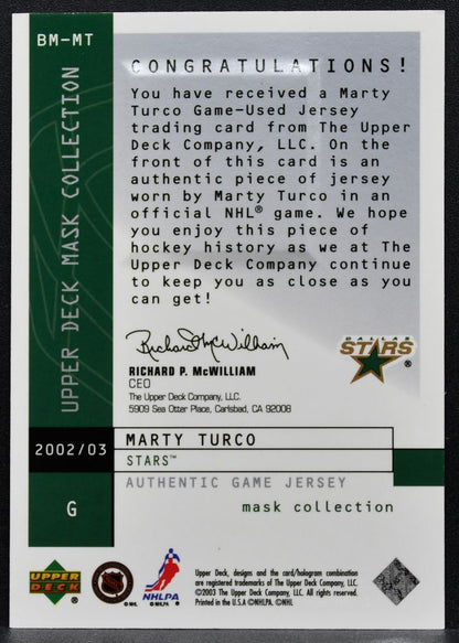 2002-03 Upper Deck Mask Collection Behind the Mask Marty Turco Stars Jersey 2662