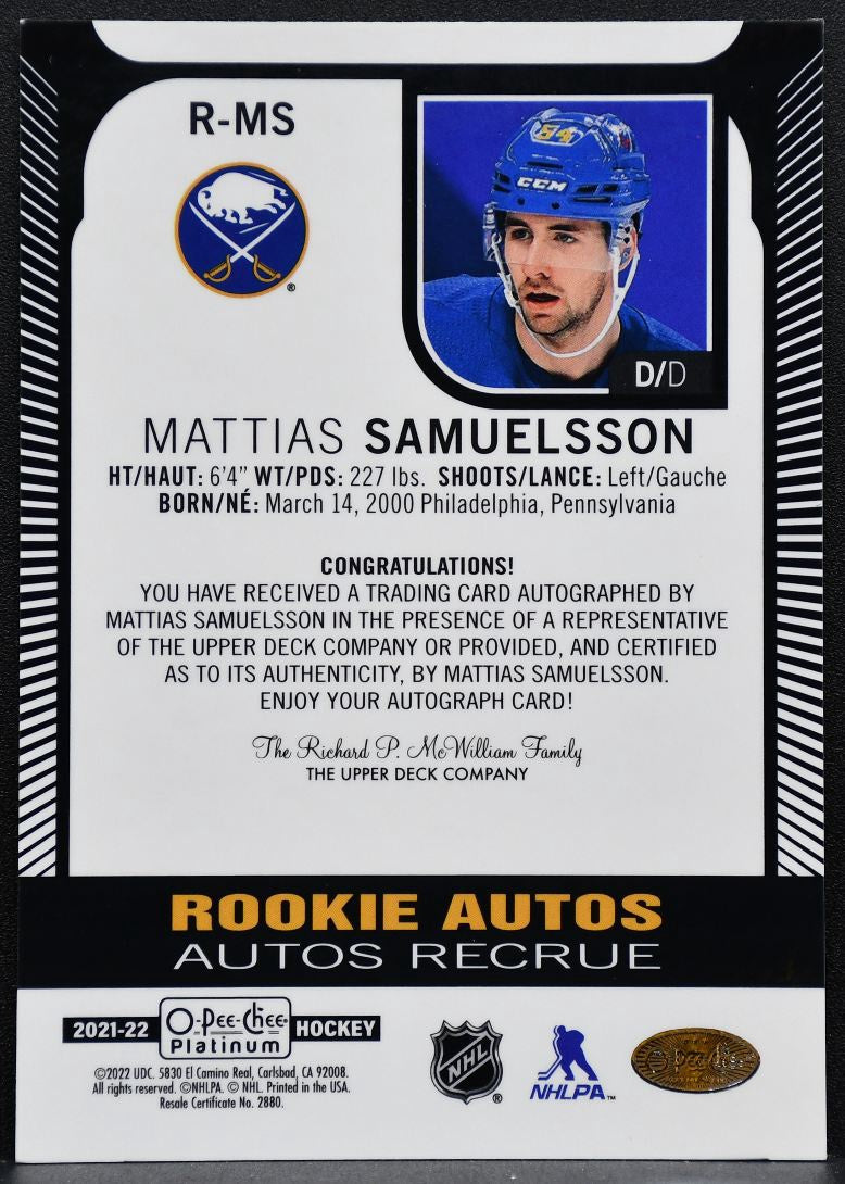 2021-22 O-Pee-Chee Platinum Rookie Autos Retro Mattias Samuelsson RC Auto 1179