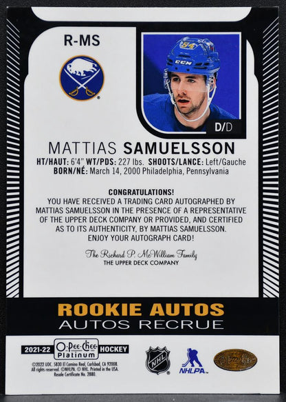 2021-22 O-Pee-Chee Platinum Rookie Autos Retro Mattias Samuelsson RC Auto 1179