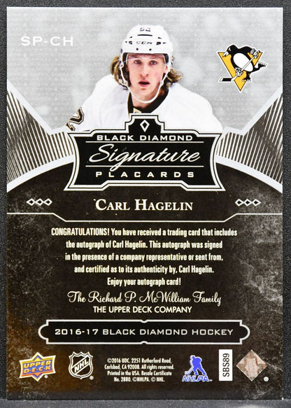 2016-17 UD Black Diamond Signature Placards Carl Hagelin Penguins Auto 7187