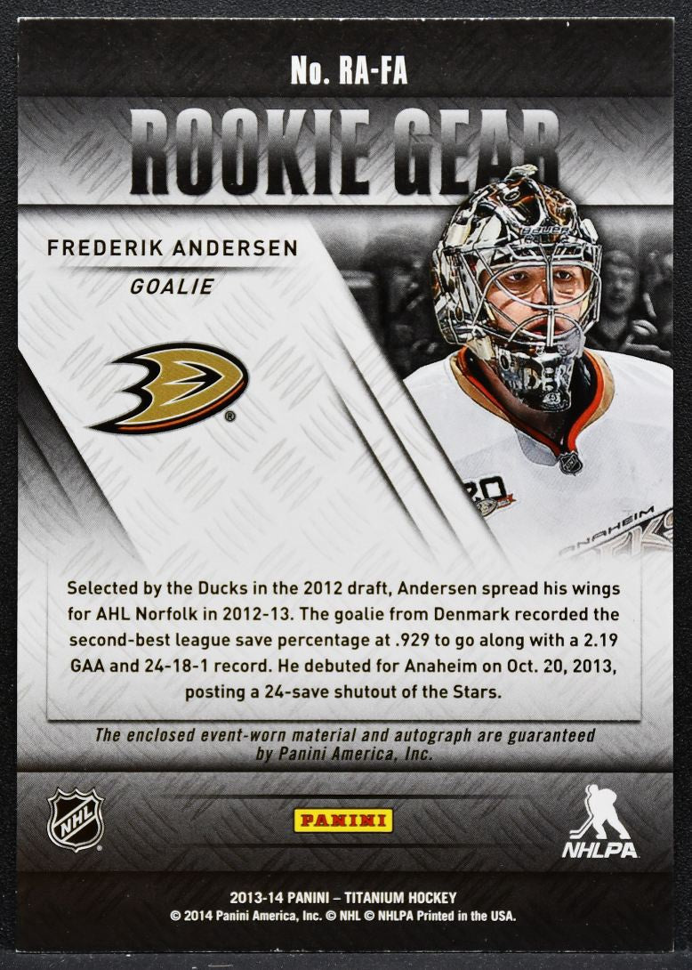 2013-14 Panini Titanium Rookie Gear Auto Frederik Andersen Ducks RC Auto 7378
