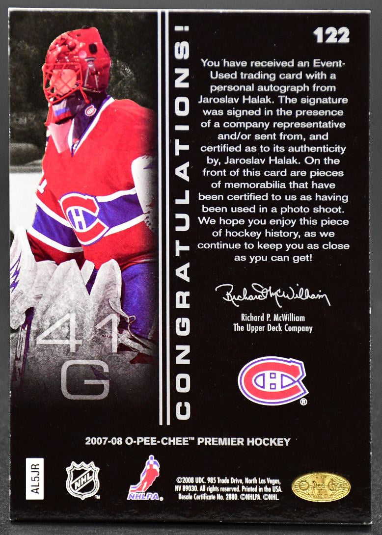 2007-08 OPC Premier Jaroslav Halak 122 Montreal Canadiens RC Auto /299 Jersey