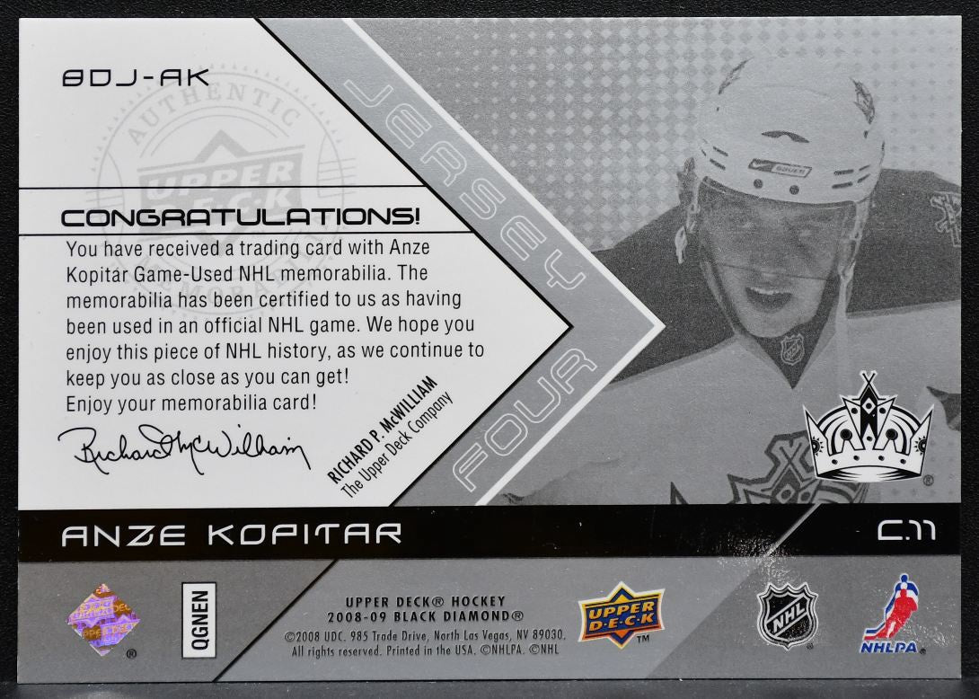 2008-09 UD Black Diamond Jerseys Four Anze Kopitar BDJ-AK Kings Jersey 5166