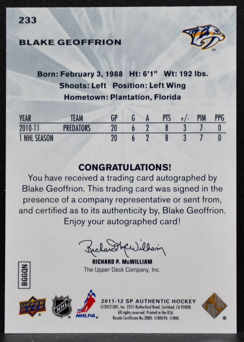 2011-12 SP Authentic Future Watch Auto Blake Geoffrion RC Auto 365/999 6044