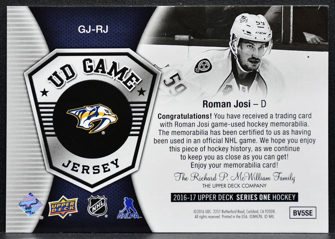 2016-17 Upper Deck Series 1 UD Game Jersey Roman Josi Predators Jersey 8368