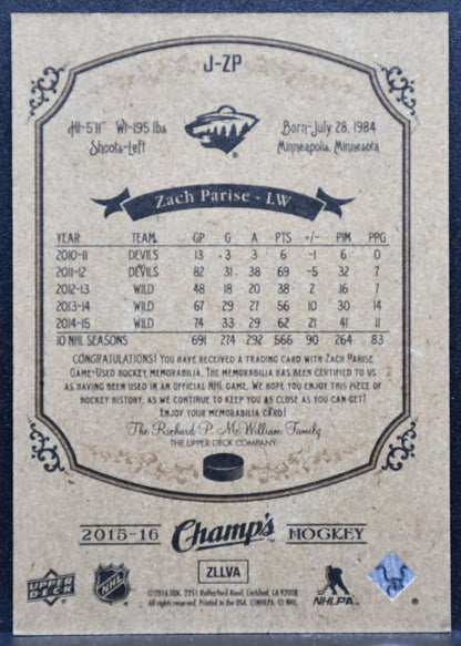 2015-16 Upper Deck Champ's Jersey Zach Parise J-ZP Minnesota Wild Jersey 4163