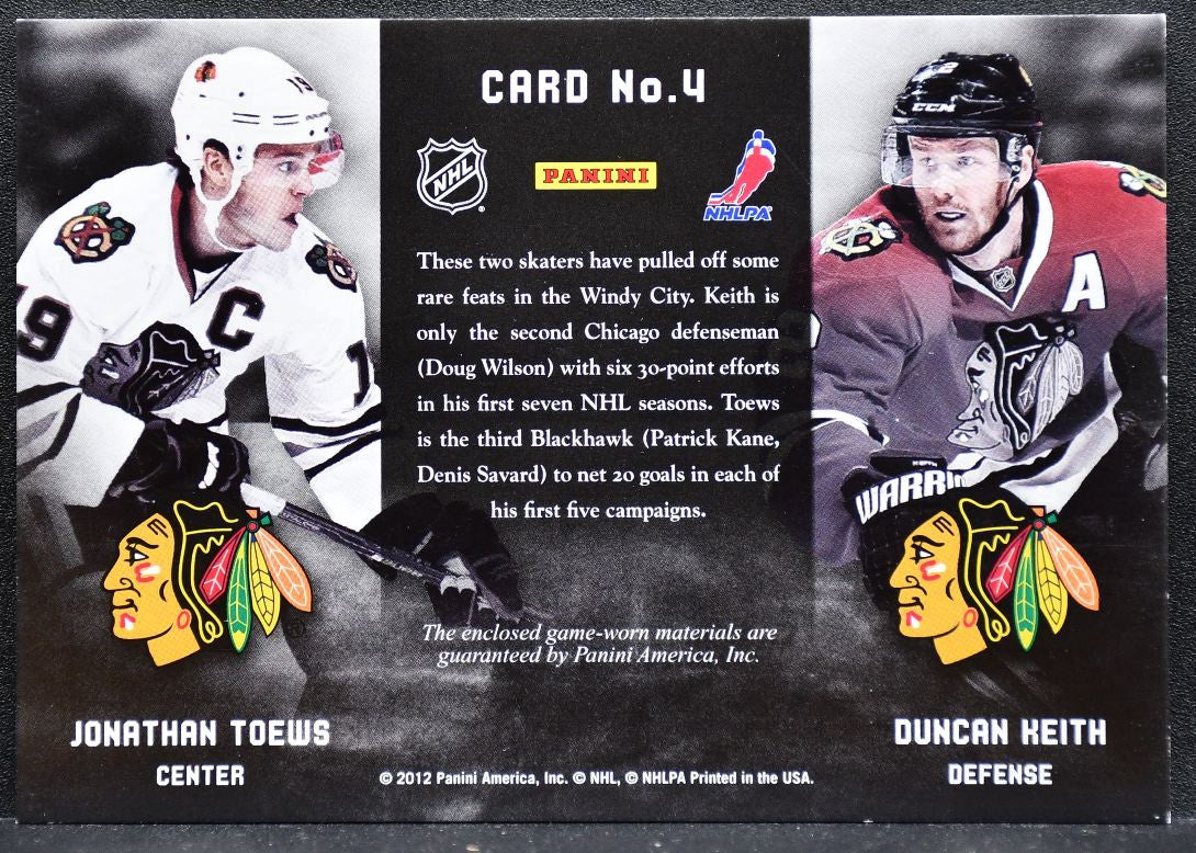 2011-12 Panini Prime Combos Dual Jerseys Keith/Toews Blackhawks Jersey 0019