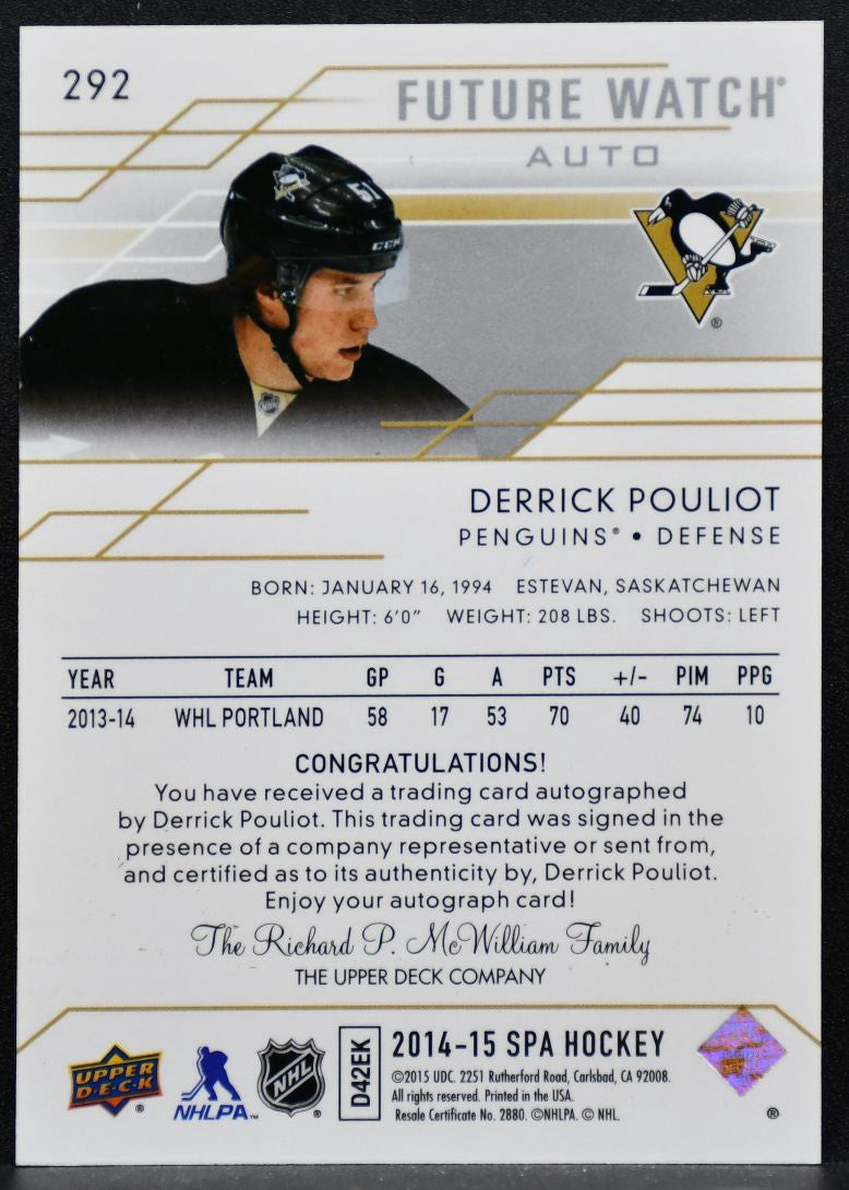 2014-15 SP Authentic Future Watch Auto Derrick Pouliot RC Auto 036/999 5948