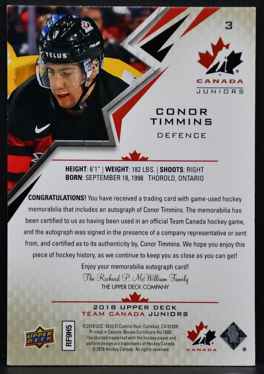2018-19 UD Juniors Premium Swatch Autographs Conor Timmins 3 Team Canada /199