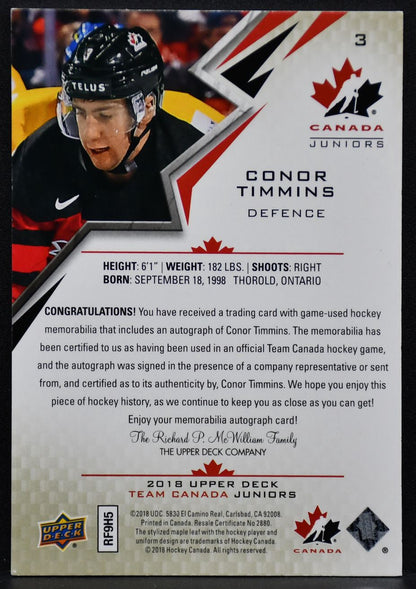 2018-19 UD Juniors Premium Swatch Autographs Conor Timmins 3 Team Canada /199