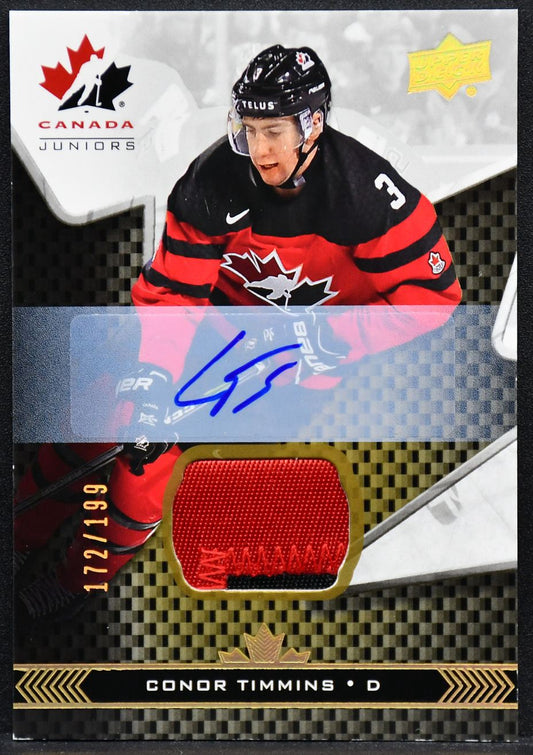 2018-19 UD Juniors Premium Swatch Autographs Conor Timmins 3 Team Canada /199