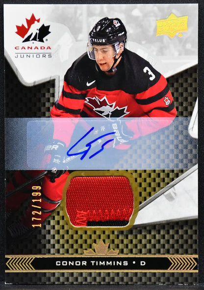2018-19 UD Juniors Premium Swatch Autographs Conor Timmins 3 Team Canada /199