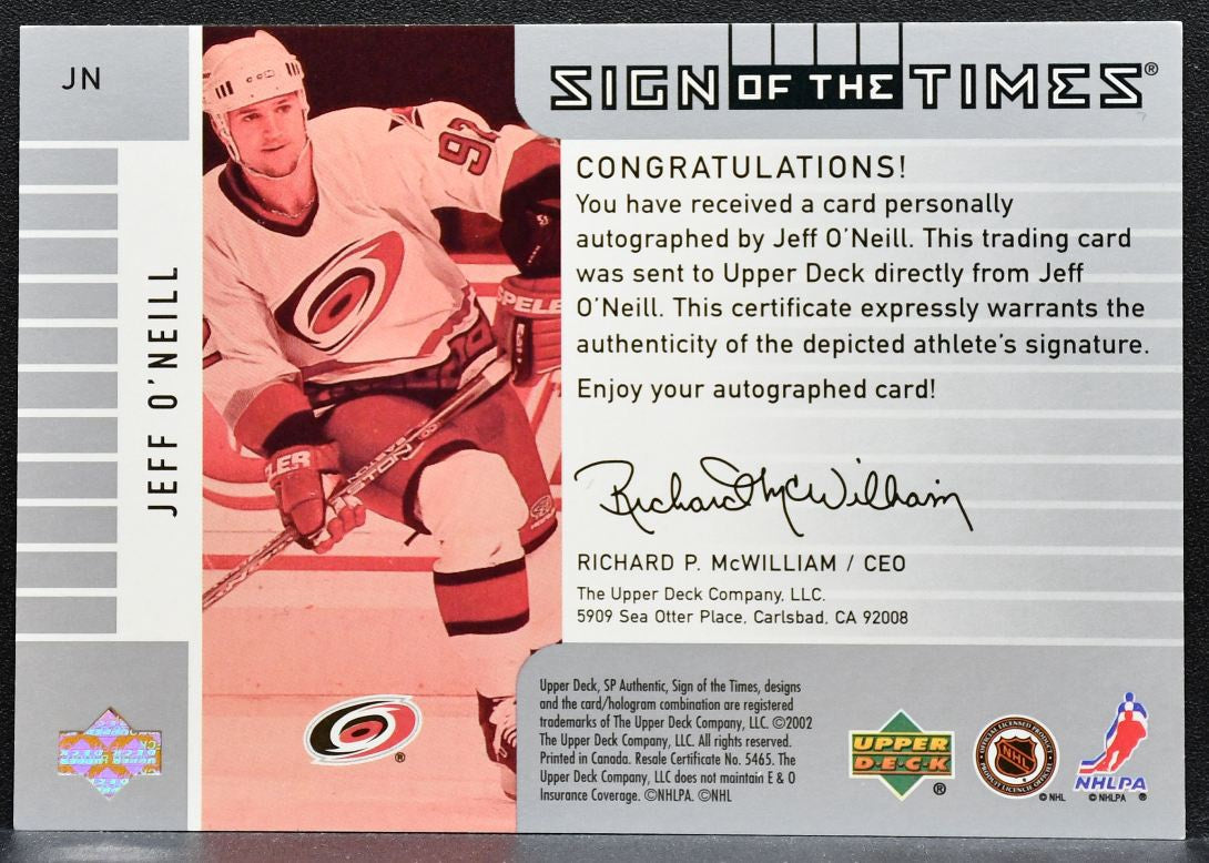 2001-02 SP Authentic Sign of the Times Jeff O'Neill JN Hurricanes Auto 0574