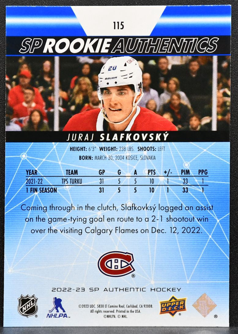 2022-23 SP Authentic Rookie Authentic Blue Juraj Slafkovsky Canadiens RC 7955