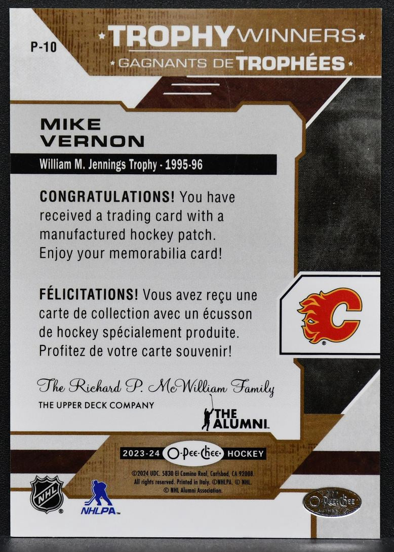 2023-24 O-Pee-Chee Trophy Winners Patch Mike Vernon P-10 Calgary Flames Patch 7413