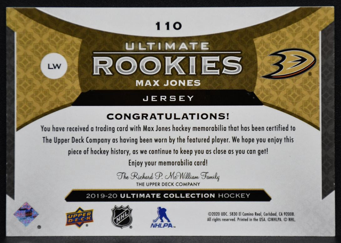 2019-20 UD Ultimate Collection RCs Jersey Max Jones 110 Ducks RC 279/399 Jersey 4381
