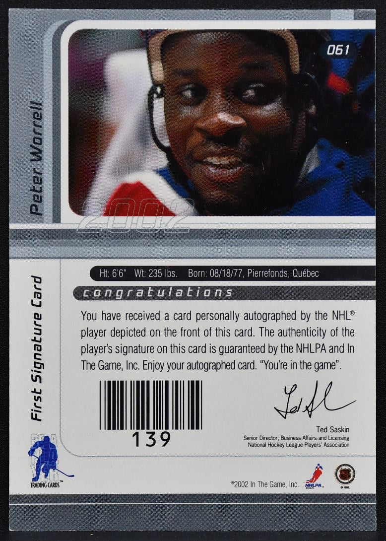 2001-02 Be a Player Series Vault Stamped Peter Worrell 061 Panthers Auto 8454