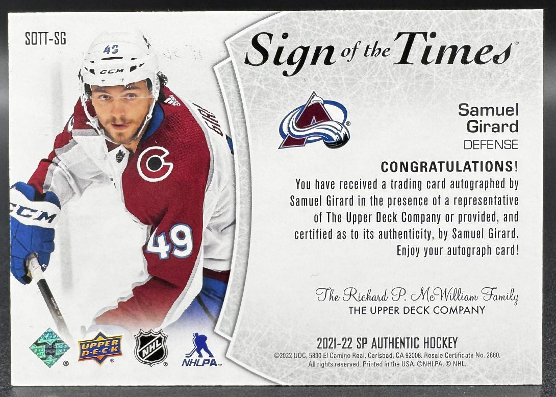 Carte autographiée Samuel Girard Colorado Avalanche 2021-22 SP Authentic Black /49