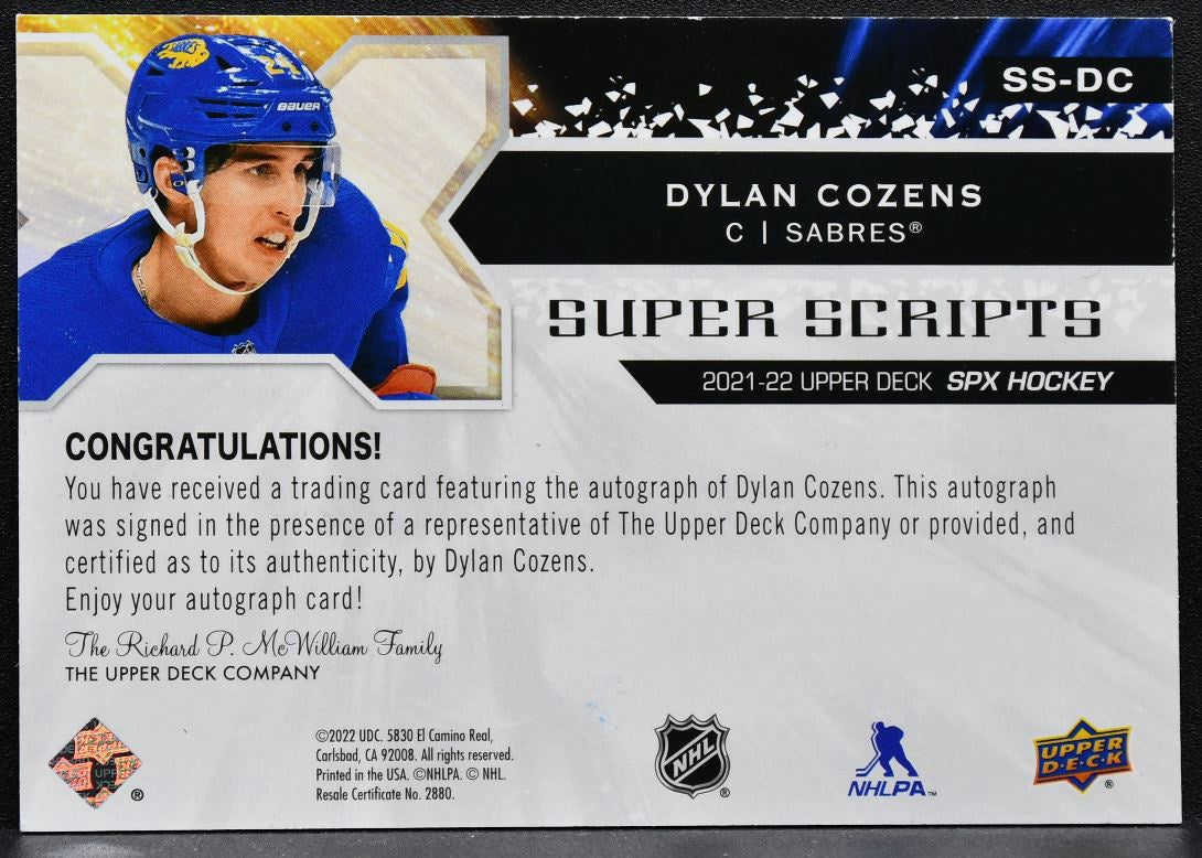 2022-23 Upper Deck Super Scripts Dylan Cozens SS-DC Buffalo Sabres Auto 3963