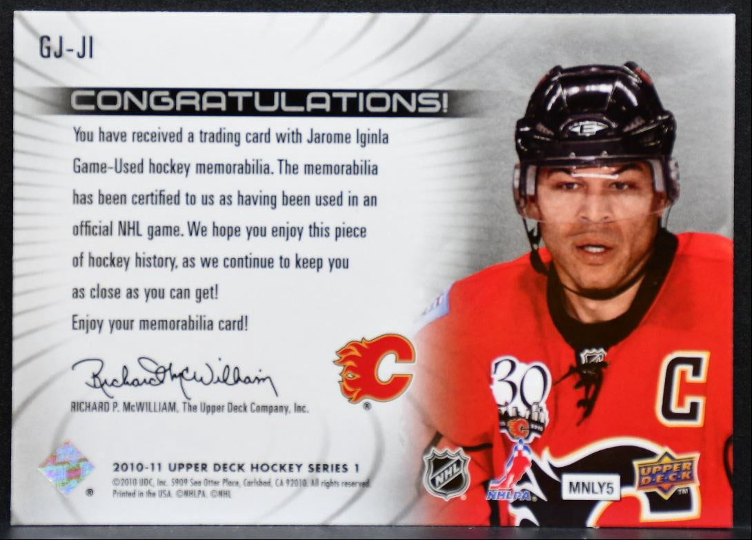 2010-11 Upper Deck Series 1 UD Game Jersey Jarome Iginla Flames Jersey 5449