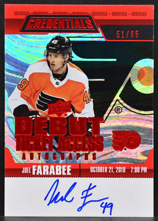 2019-20 UD Credentials Debut Ticket Access Red Joel Farabee RTAA-JF RC Auto /65