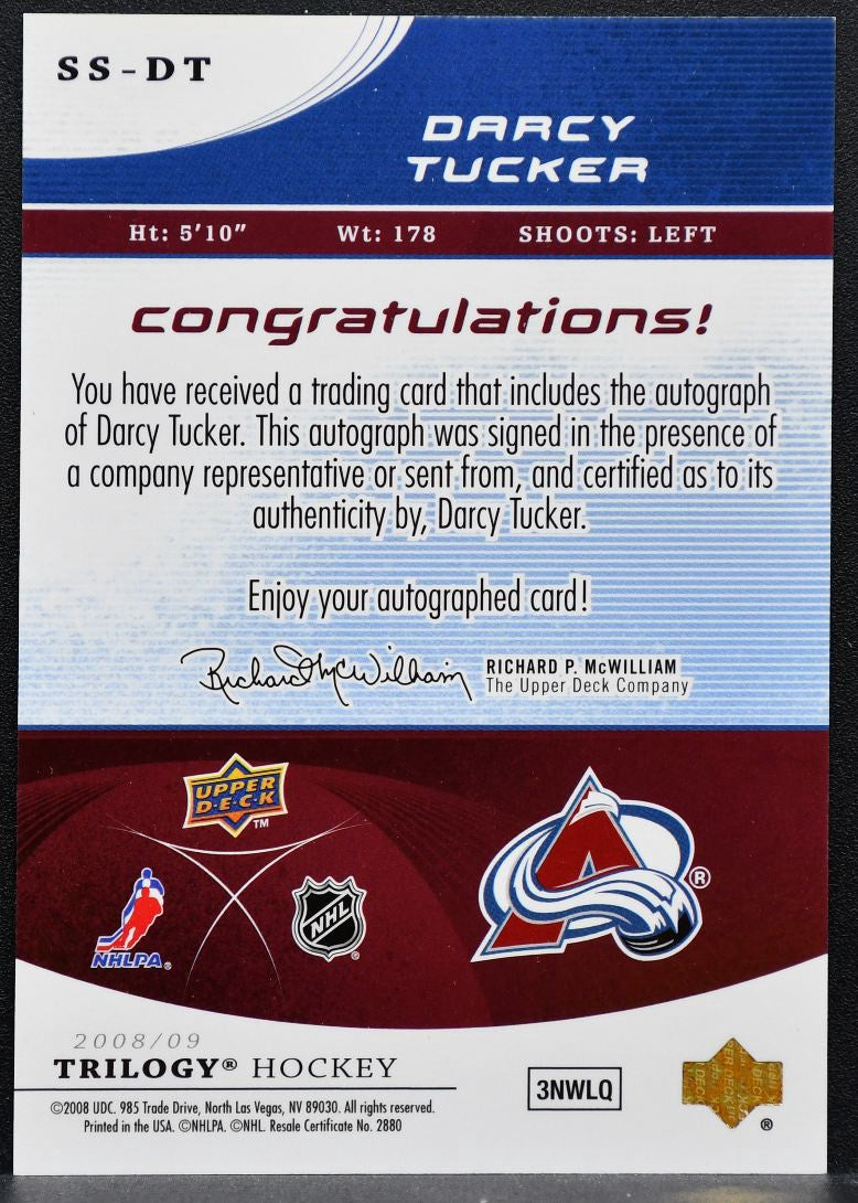 2008-09 Upper Deck Trilogy Superstar Scipts Darcy Tucker Avalanche Auto 0217
