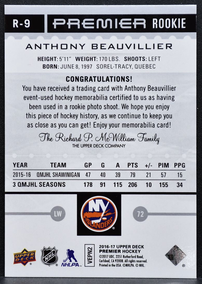 2016-17 UD Premier Rookies - Jersey Anthony Beauvillier Islanders RC Jersey 5425