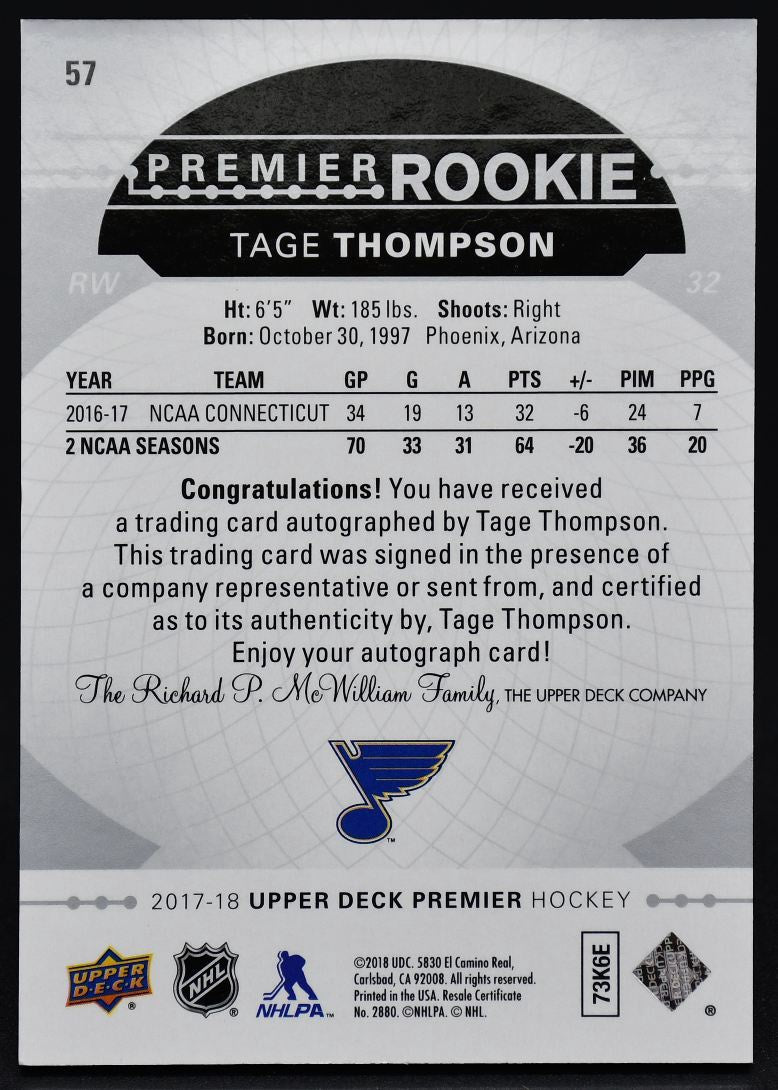 2017-18 UD Premier Rookie Auto - Silver Spectrum Tage Thompson 32 RC Auto