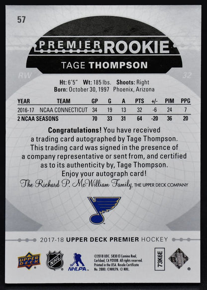 2017-18 UD Premier Rookie Auto - Silver Spectrum Tage Thompson 32 RC Auto