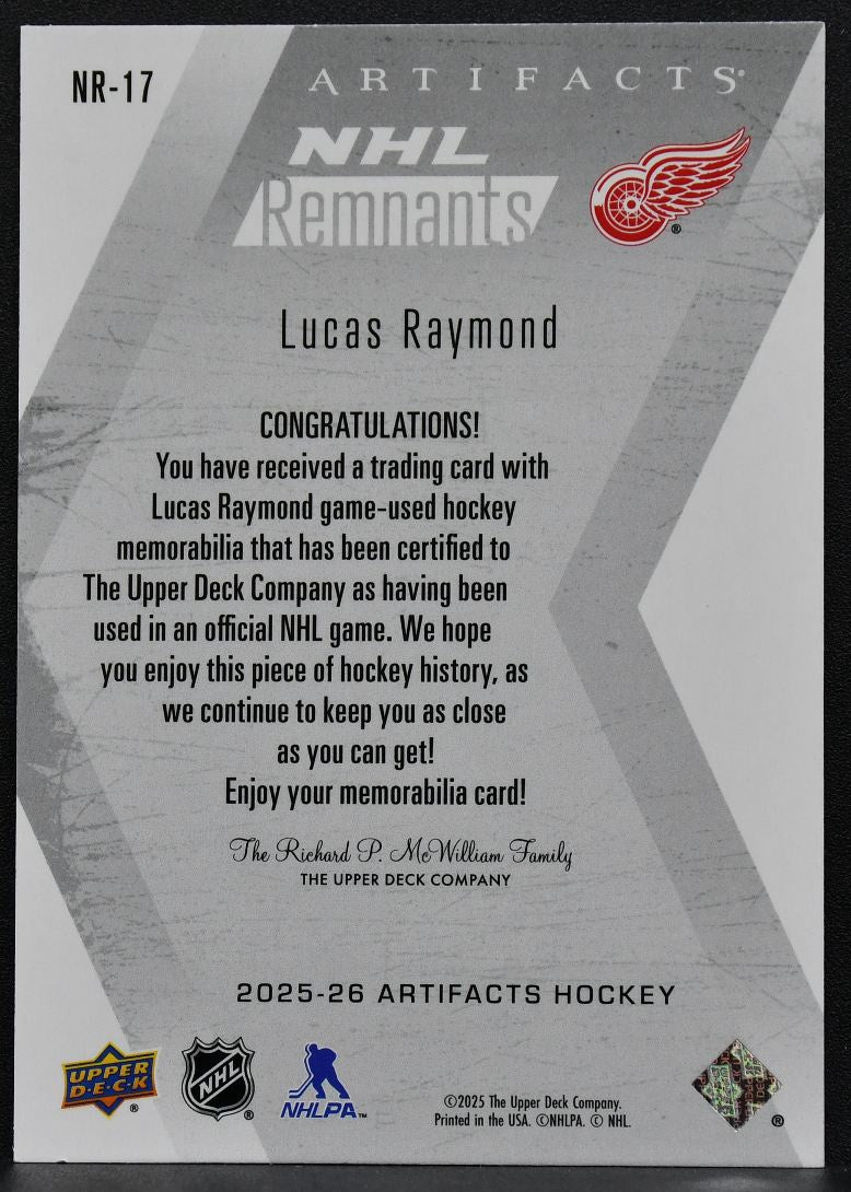 2025-26 UD Artifacts NHL Remnants Lucas Raymond NR-17 Detroit Red Wings Jersey 2844