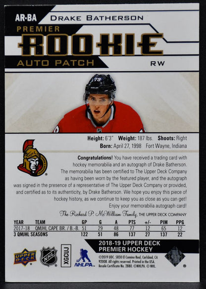 2018-19 UD Premier Rookie Auto Patch Drake Batherson AR-BA  RC Auto /99 Patch