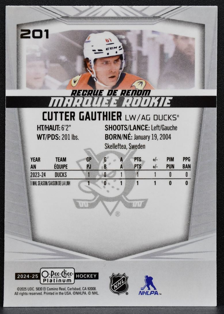 2024-25 O-Pee-Chee Platinum Marquee Rookie Cutter Gauthier 201 Ducks RC 8846