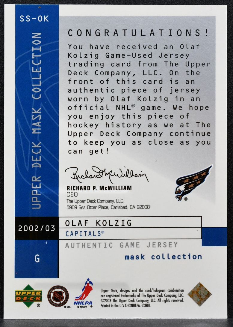 2002-03 UD Mask Collection Super Stoppers Olaf Kolzig SS-OK Capitals Jersey 1045