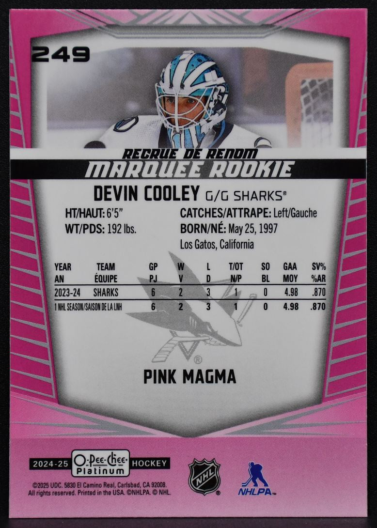 2024-25 OPC Platinum Marquee Rookie Pink Magma Devin Cooley 249 Sharks RC 7211