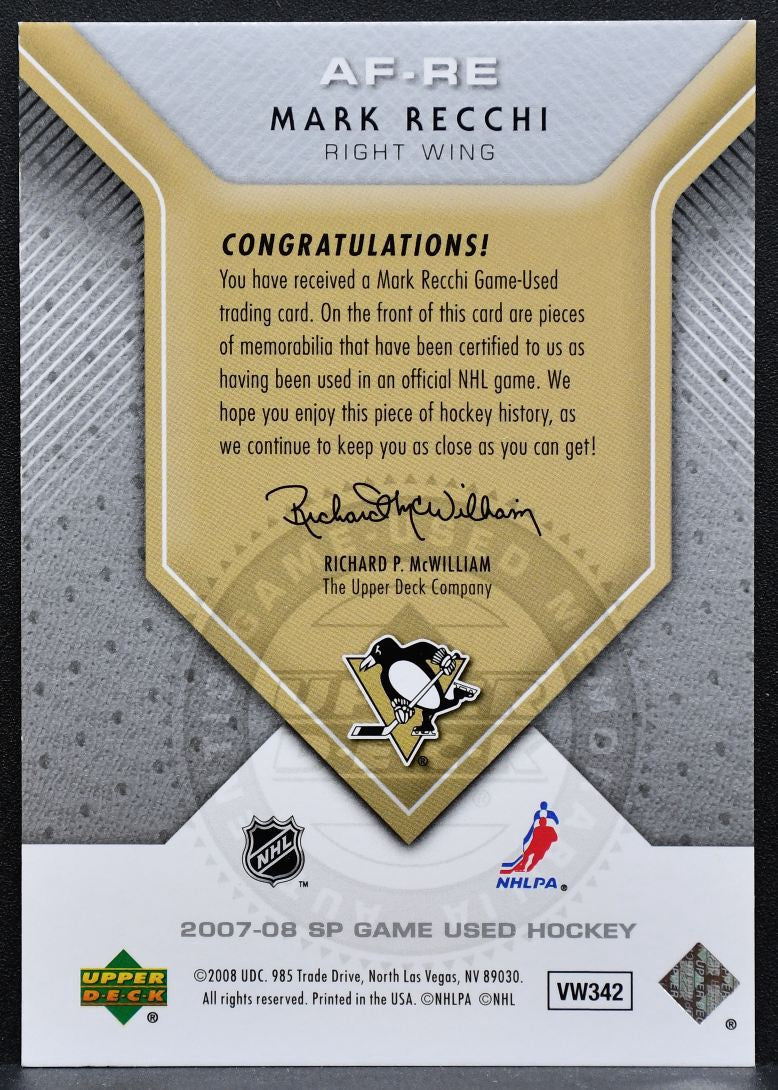 2007-08 SP Game Used Authentic Fabrics Mark Recchi AF-RE Penguins Jersey 5826