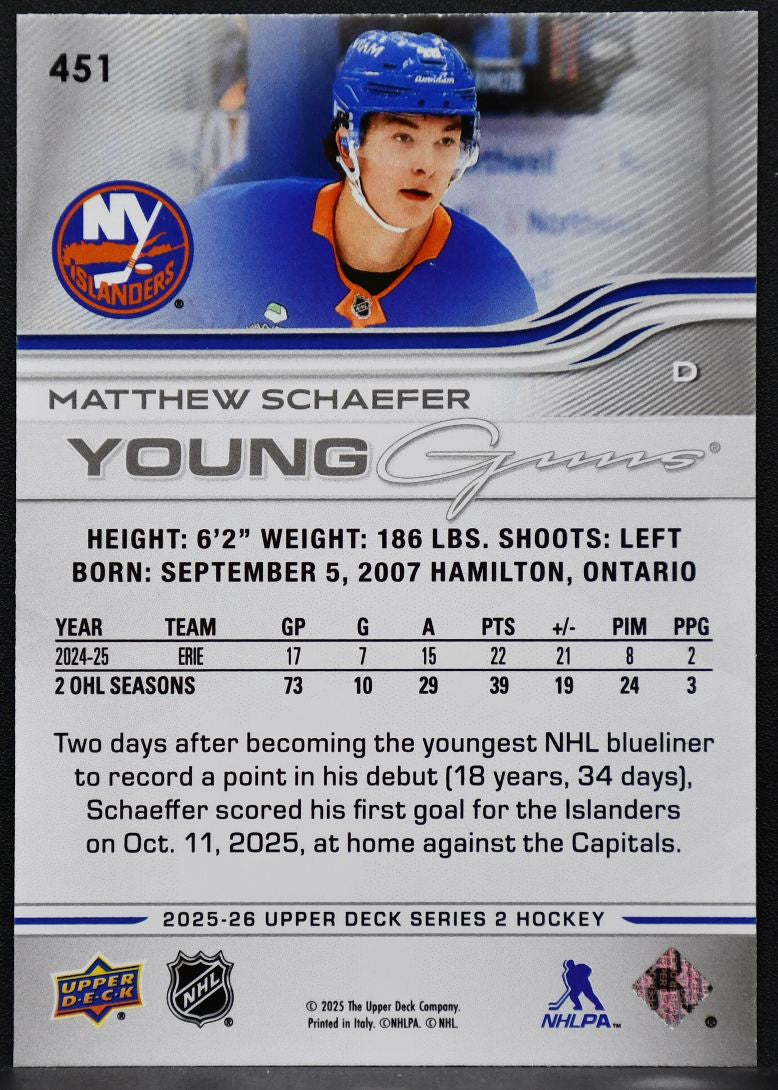 2025-26 Upper Deck Series 2 Young Guns Matthew Schaefer 451 RC 1432