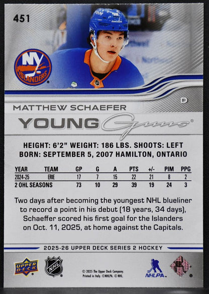 2025-26 Upper Deck Series 2 Young Guns Matthew Schaefer 451 RC 1432