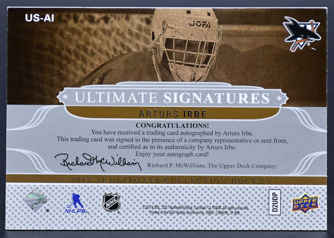 2013-14 UD Ultimate Collection Ultimate Sigantures Arturs Irbe US-AI Auto