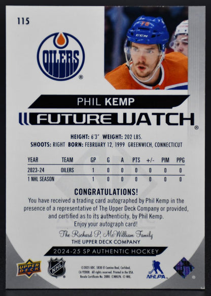 2024-25 SP Authentic Future Watch Phil Kemp 115 Edmonton Oilers RC Auto 952/999