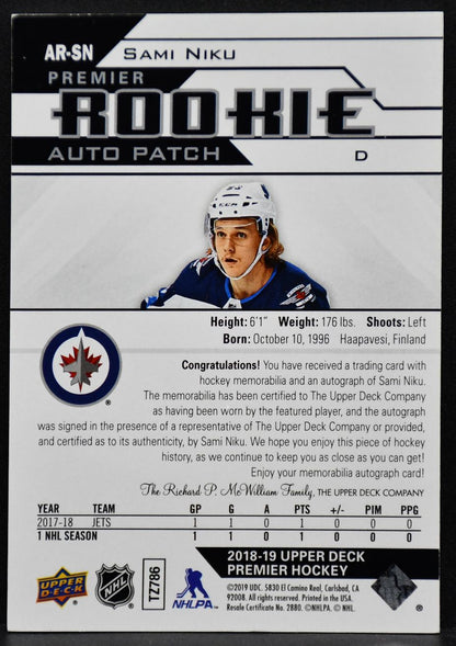 2018-19 UD Premier Rookie Auto Patch Sami Niku AR-SN RC Auto 215/249