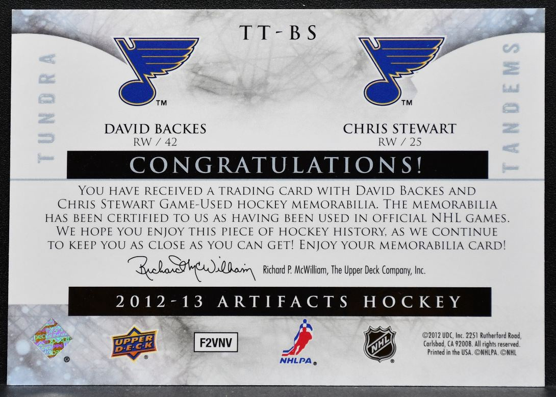 2012-13 UD Artifacts Tundra Tandems Blue Dual Backes/Stewart Blues Jersey 9723