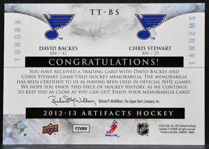2012-13 UD Artifacts Tundra Tandems Blue Dual Backes/Stewart Blues Jersey 9723