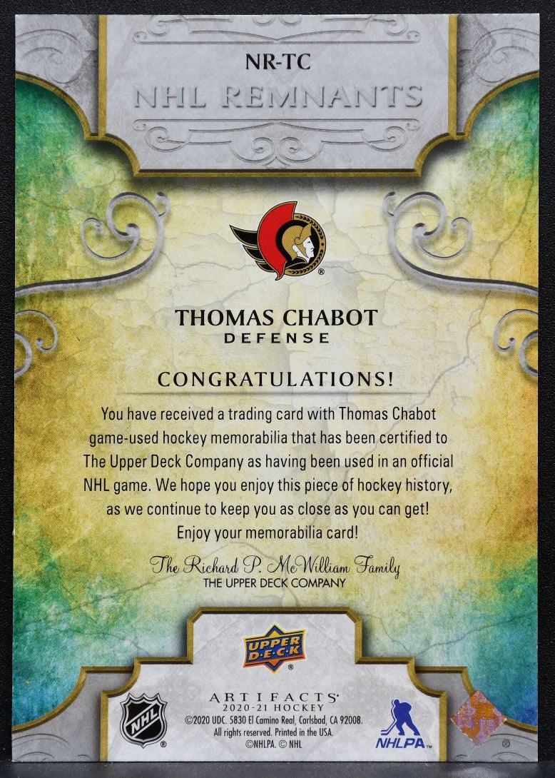 2020-21 UD Artifacts NHL Remnants Thomas Chabot NR-TC Senators Jersey 2478