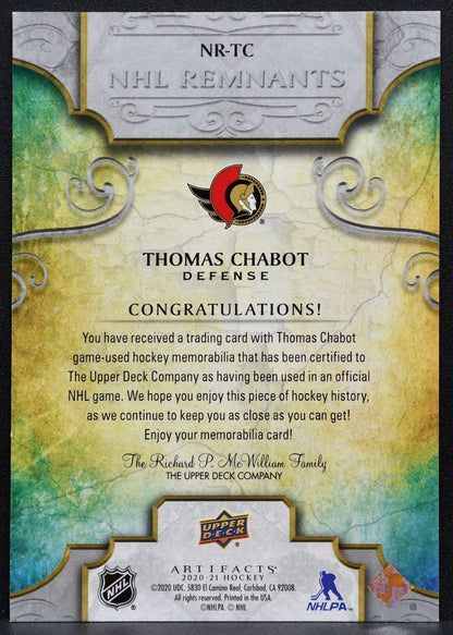 2020-21 UD Artifacts NHL Remnants Thomas Chabot NR-TC Senators Jersey 2478