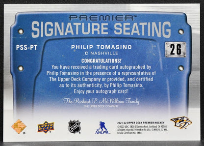 2021-22 UD Premier Signature Seating Rookies Philip Tomasino Predators Auto 5890